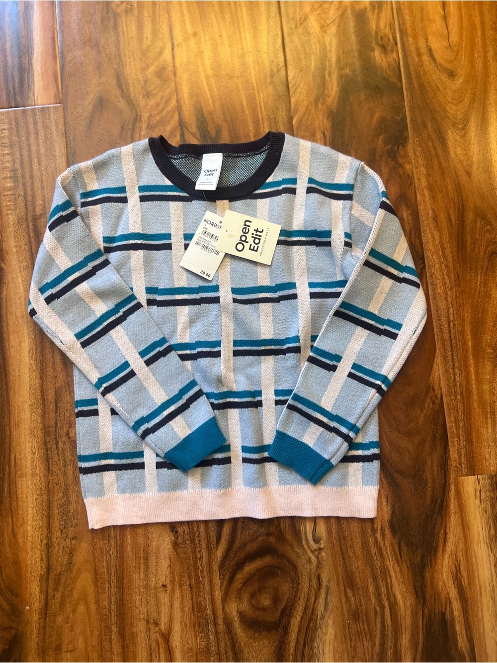New Open Edit Blue Striped Crewneck Sweater for Youth 7